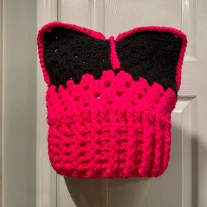 Handmade Crochet Cat Animal Ear Beanie Hat Cozy Ribbed Brim Stretch Winter Hat